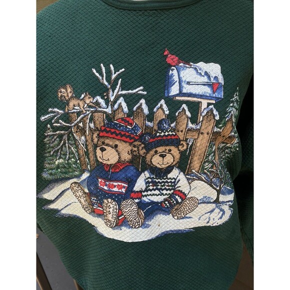 Vintage Winter Teddy Sweatshirt M/L Green Pullover Bears X-mas Tompkins Avenue - Picture 10 of 14